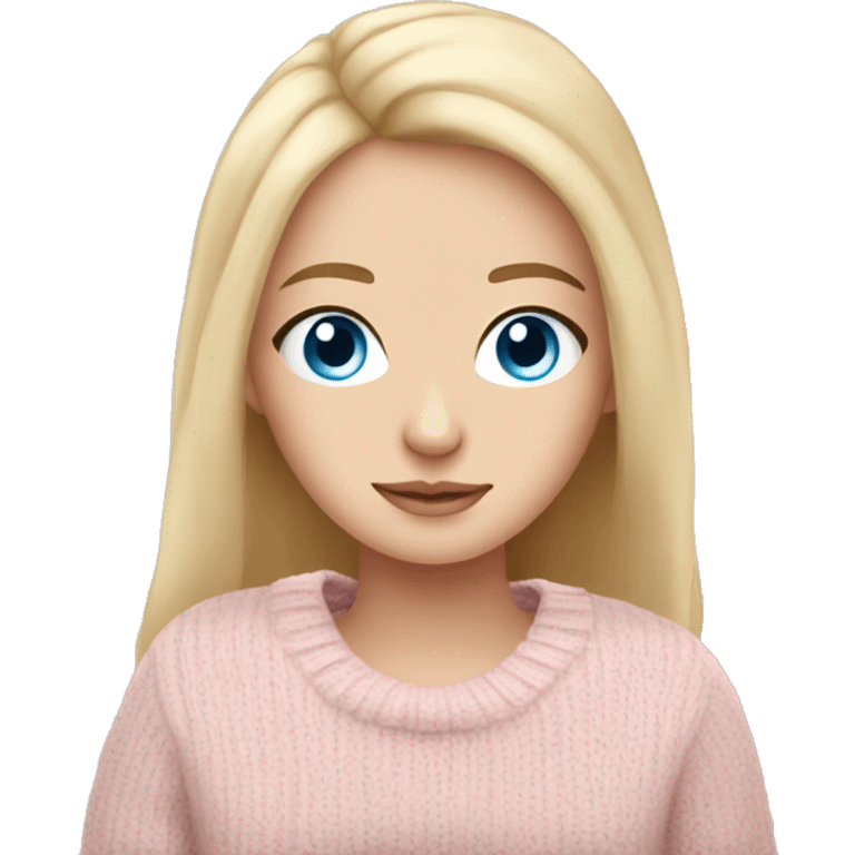 Pretty blue eyed white girl with light pink sweater reading cozy emoji