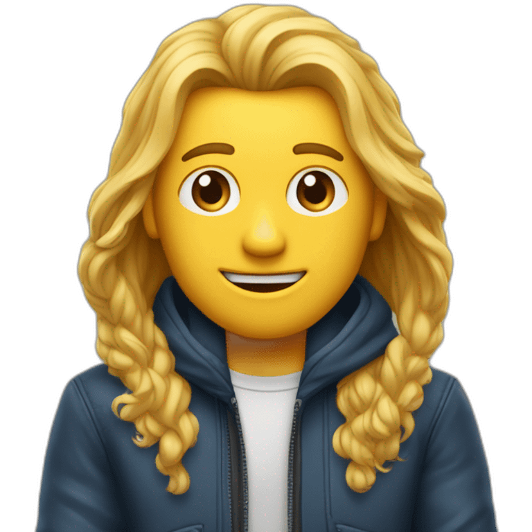 Een man met een rode jas aan met een graat gezicht en blont haar en een spijkerbroek aan emoji