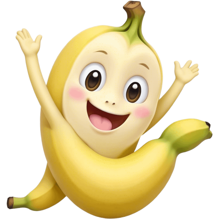 Cute Kawaii Banana, slightly curved, soft pastel yellow, cute giggling face with big round eyes, tiny arms waving happily, a peeled section revealing a smiling expression! emoji