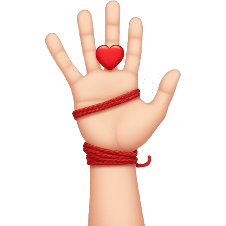 a hand with red string tied up to the pinky finger which shows a loving heart to the red thread of fate emoji