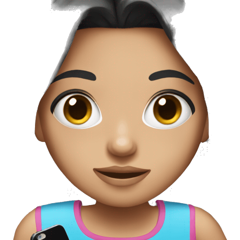 girl wearing a pink top holding a phone, with blue eyes and black hair emoji