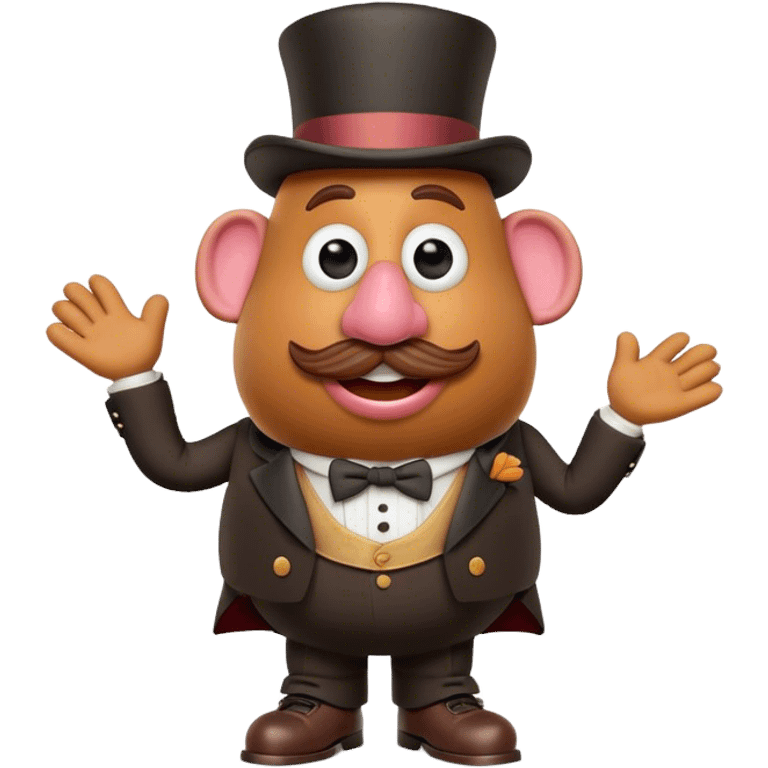 Create a 3D Pixar-style Mr. Potato Head character with a rounded, slightly uneven shape, expressive eyes, a wide smile, and cartoonish limbs, dressed in a victorian suit and top hat emoji