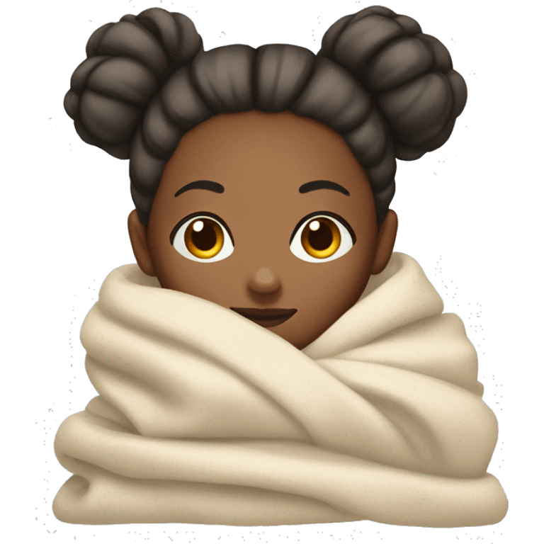 Girl with her hair in a bun snuggled up in a blanket with her eyes closed emoji