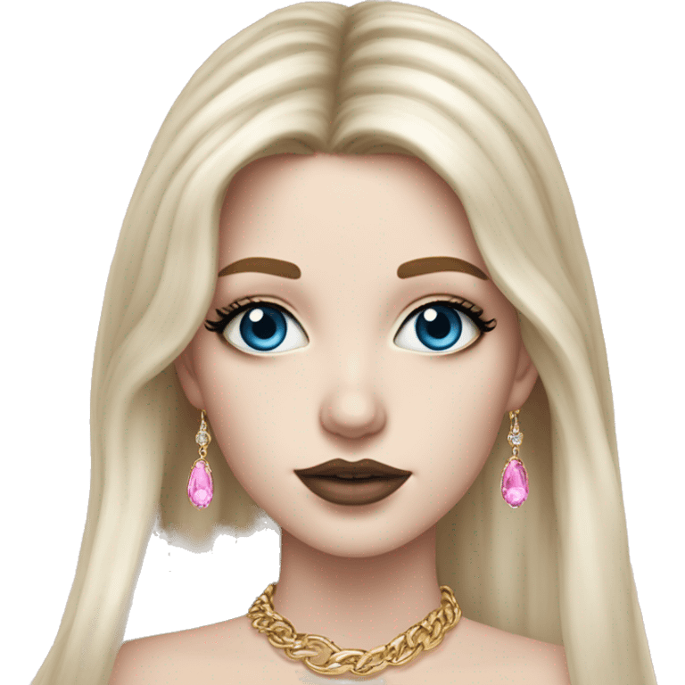 Hyperrealistic pale white girl with blue eyes and long black hair with pink fringe. Wearing gold chain necklace, gold diamond earrings and has dark eye makeup on her eyes emoji