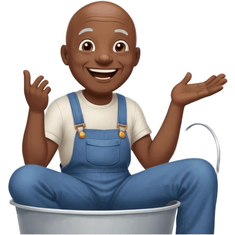 Side view Laughing telling story Old bald black man sitting on top of white bucket wearing overalls no shirt emoji