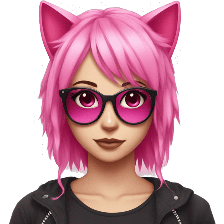 Pink haired girl with pink eyes with eyeliner on and pink cat ears on top of head, scene emo hairstyle with star sunglasses on top of her head emoji