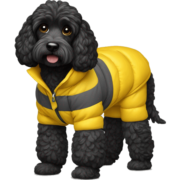 Black cockapoo dog wearing a yellow puffer coat emoji