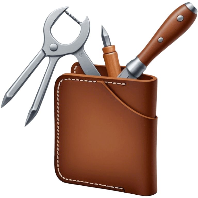 Leatherworking icon, piece of raw leather being crafted into a leather wallet or belt, professional tools like leather stitching awl, edge beveler, hammer, prying tool, minimalistic style, clean lines, transparent background. emoji