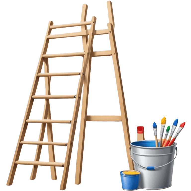 Wall painting icon, an unfinished art painting on the wal, no frame, visible paintbrushes, rollers, and a bucket of paint, wooden ladder beside, minimalistic style, clean lines, transparent background. emoji