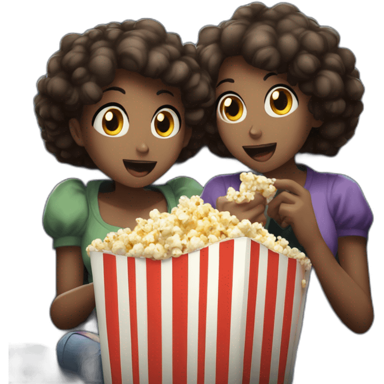 three anime girls watching movie at the cinema eating popcorn, dark background emoji