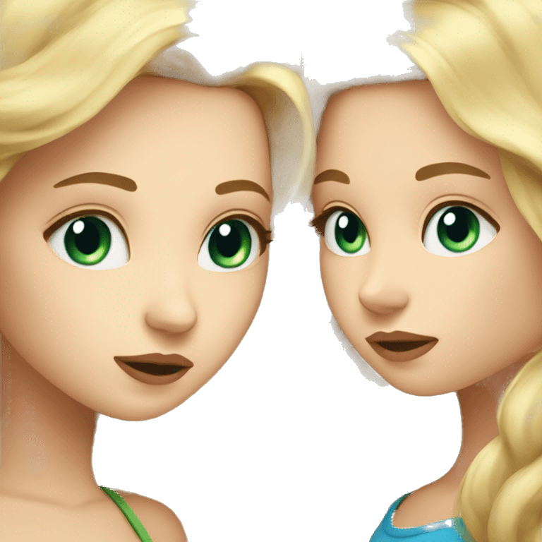 blonde girl with blue eyes kisses girl with long brown hair and green eyes emoji