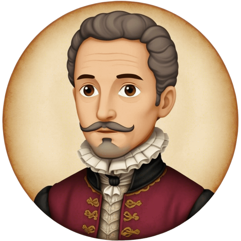 Cinematic Realistic Miguel de Cervantes Portrait Emoji, depicted as a wise thoughtful literary figure in period attire with a reflective gaze, rendered with detailed textures and soft historical lighting that captures his enduring literary legacy. emoji