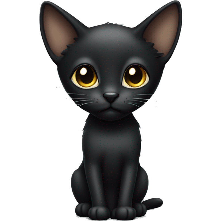 Petite black cat with sleek short fur, light yellow eyes, small pointed black ear tufts on top, facing forward, detailed features emoji