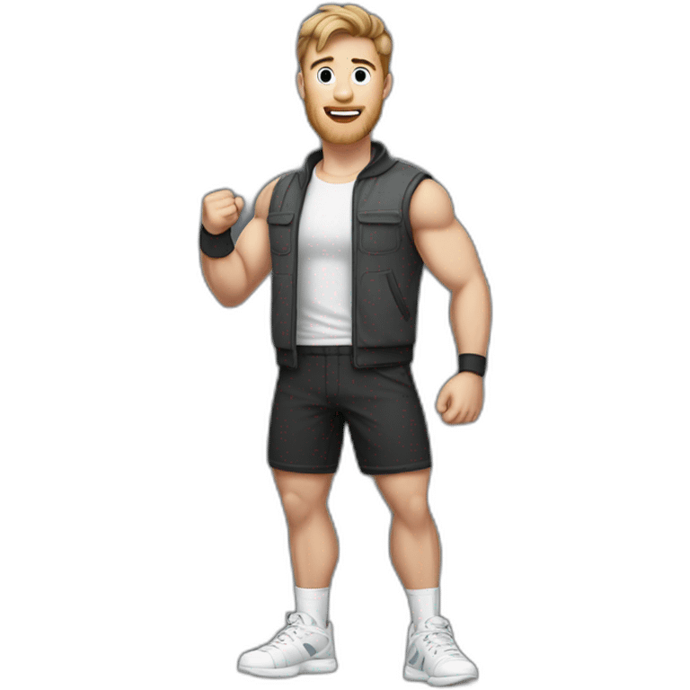 Full height Actively gesturing with hands Pale skinned Fit Man With the biceps and brown hair in dark gray Sleeveless Mike, black oversize sports shorts and white Sneakers emoji