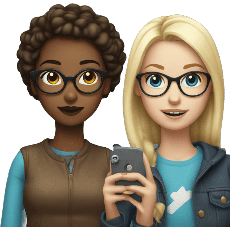 blonde girl with glasses and blue eyes posing with brunette girl fir a selfie emoji