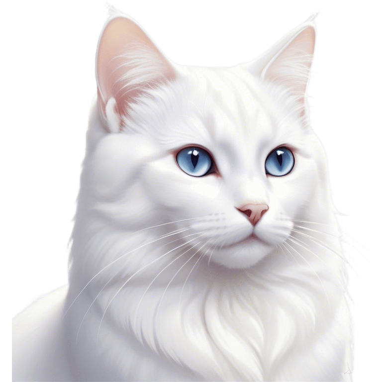 Cinematic Noble White Cat Portrait Emoji, Poised and stately, with a pristine, snow-white fur accented by delicate hints of silver, refined whiskers and a serene, focused gaze, simplified yet impeccably detailed, glowing with an ethereal radiance and timeless elegance, high shine, exuding calm intelligence and regal simplicity, soft glowing outline, capturing the essence of a noble white cat that radiates quiet majesty! emoji