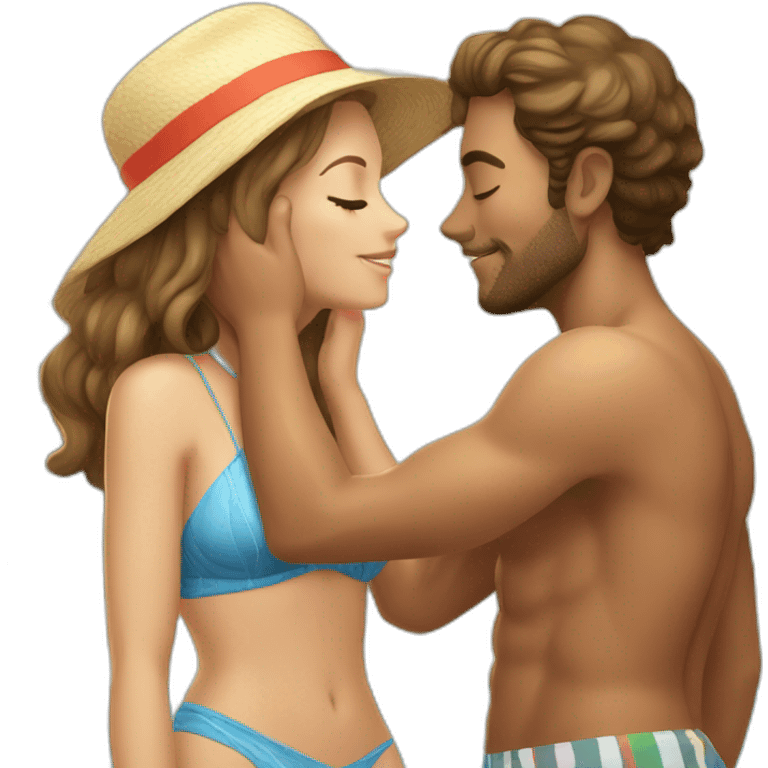 with beach clothes young metis man and white woman kiss love emoji