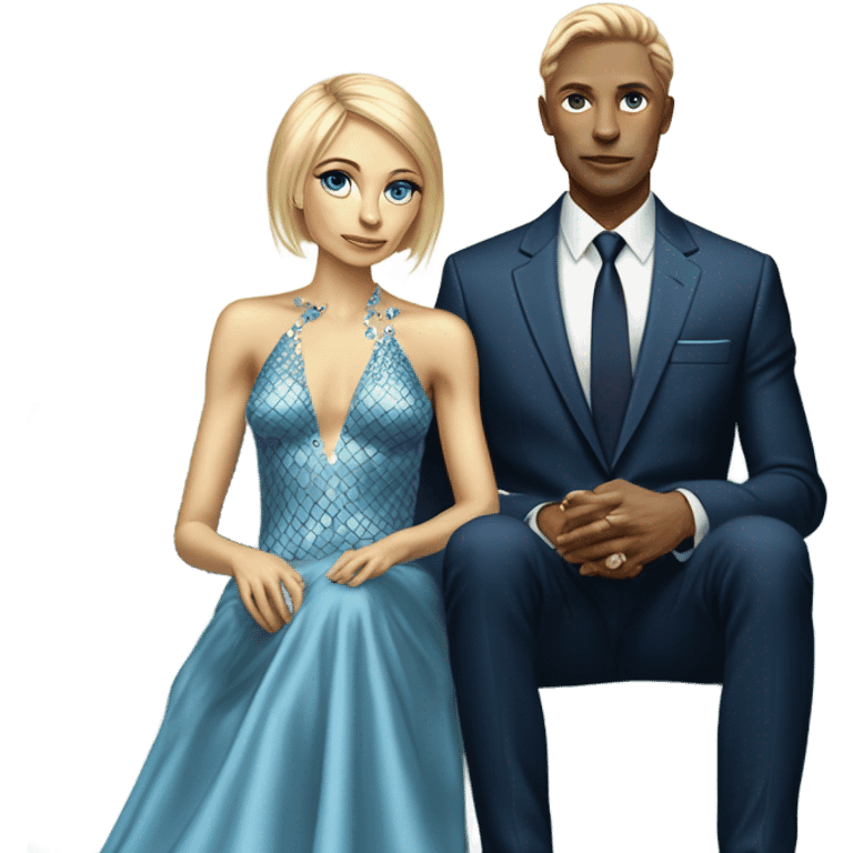 alien reptilian woman blonde in long slim pastel blue formal party satin dress with gradient shiny sparkling navy blue diamonds embroidered , and caucasian man in black dress, sitting on a beige couch  emoji