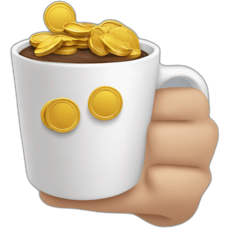 long hand holding a coffee cup with coins falling inside emoji