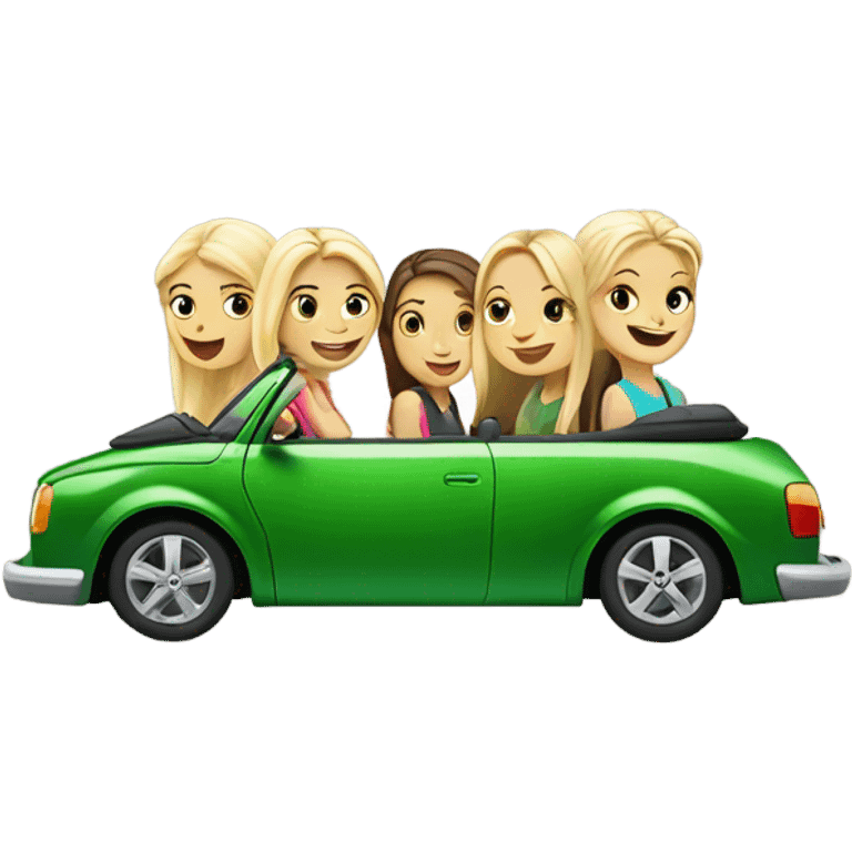 Two Caucasian blonde girls and two Caucasian brunette girls driving a green volkswagen convertible emoji