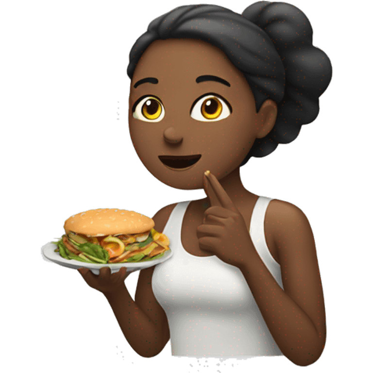 Woman eating food with a big back emoji