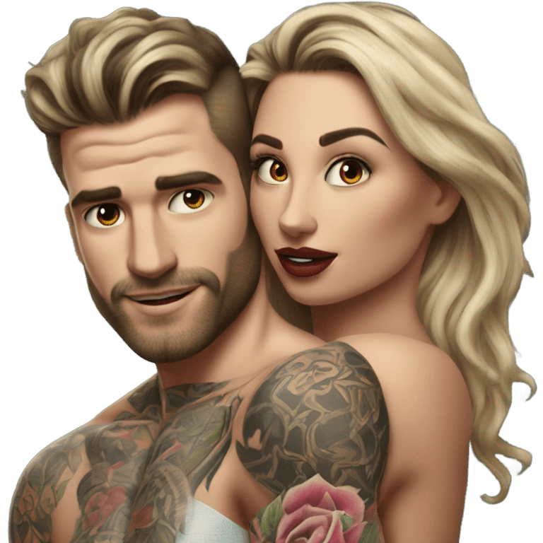 Hyper Realistic beautiful woman in the arms of a very handsome tattooed man kissing  emoji