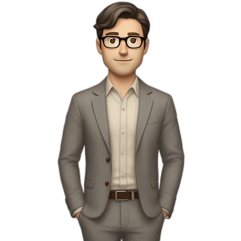 Full height Pale skinned Fit Man With dark brown hair in gray jacket, beige office shirt, tie, Brown pants and vintage glasses. Thrumbs of his palms directed up emoji