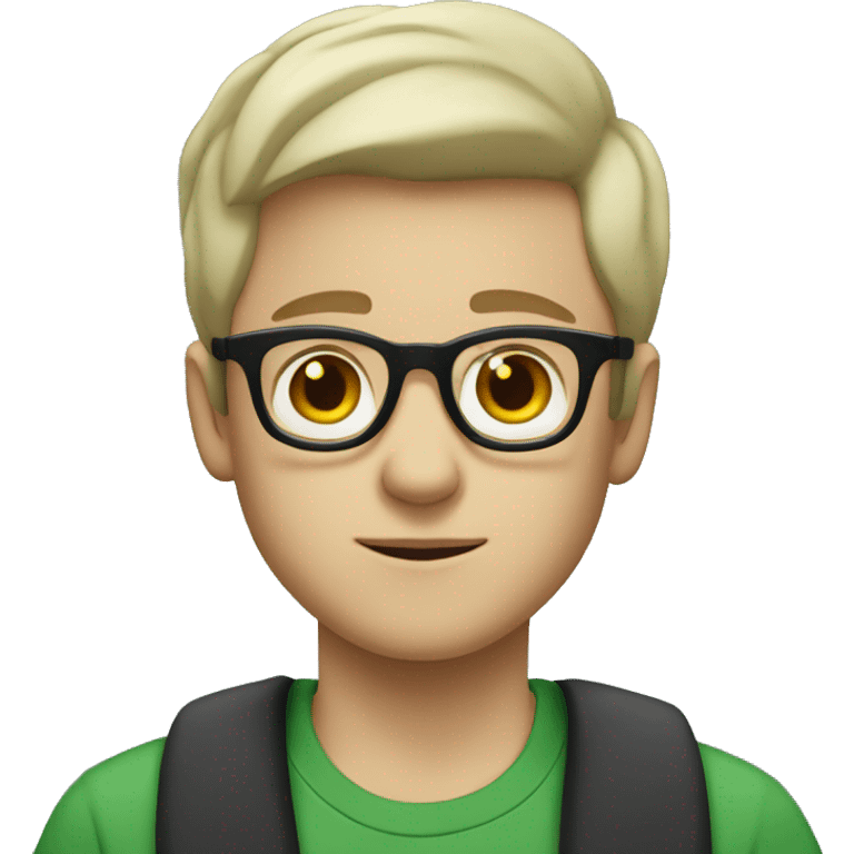 White boy with black hair wearing glasses and wearing tshirt and green cardigan emoji