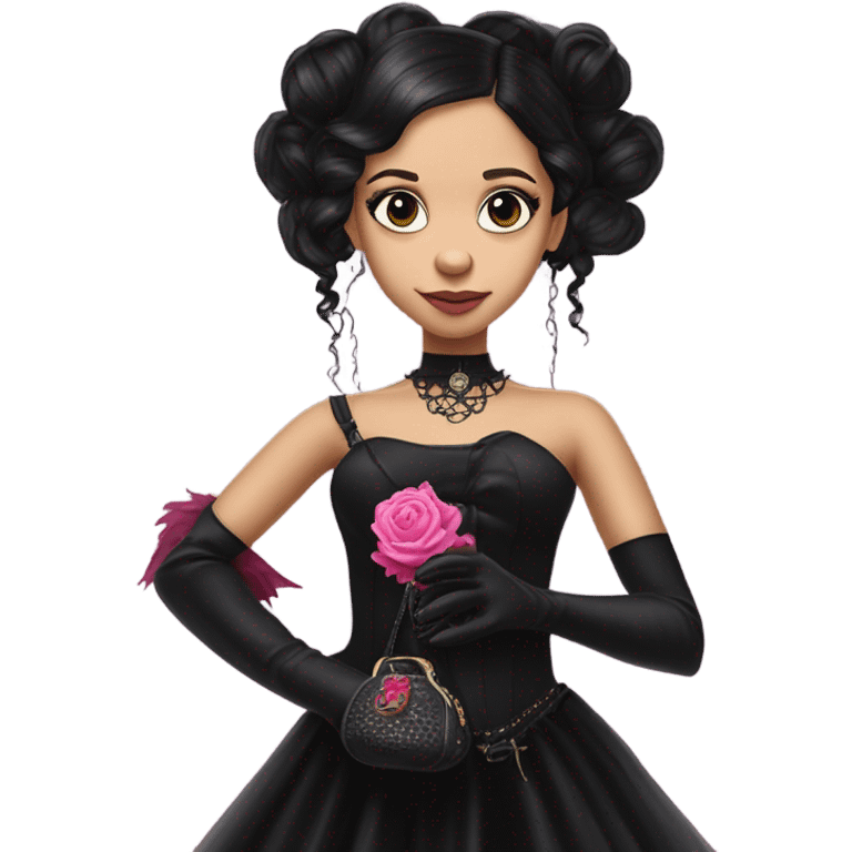 healthy standing flirty Lavish black evening gown with see-through gloves, Jenna Ortega as Addams woman prom queen wearing a steampunk mini tiara, very large blood  pink evil-looking horned old dragon purse emoji