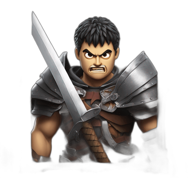 angry berserk guts carrying a huge sword on his shoulder framed on his bust emoji