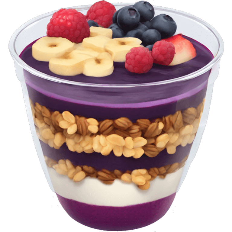 Açaí in a clear cup with layers of fruits and granola and condensed milk emoji