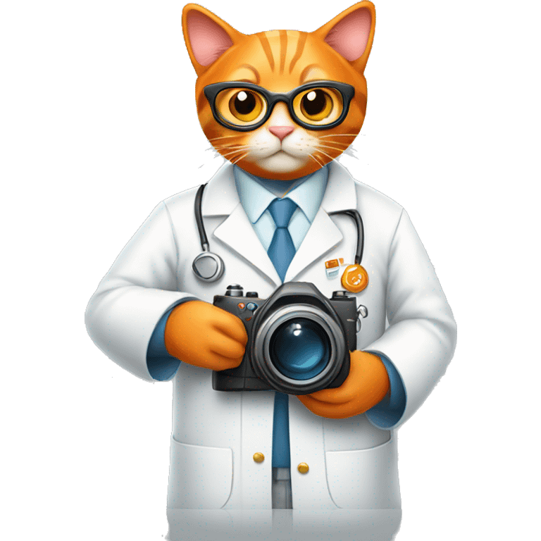 Orange Cat Scientist taking a photo with a big camera while wearing a lab coat emoji