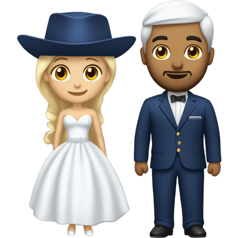 Puerto rican beard short hair with blue hat and navy blue suit getting Married with blond long hair girl with white  wedding dress  emoji