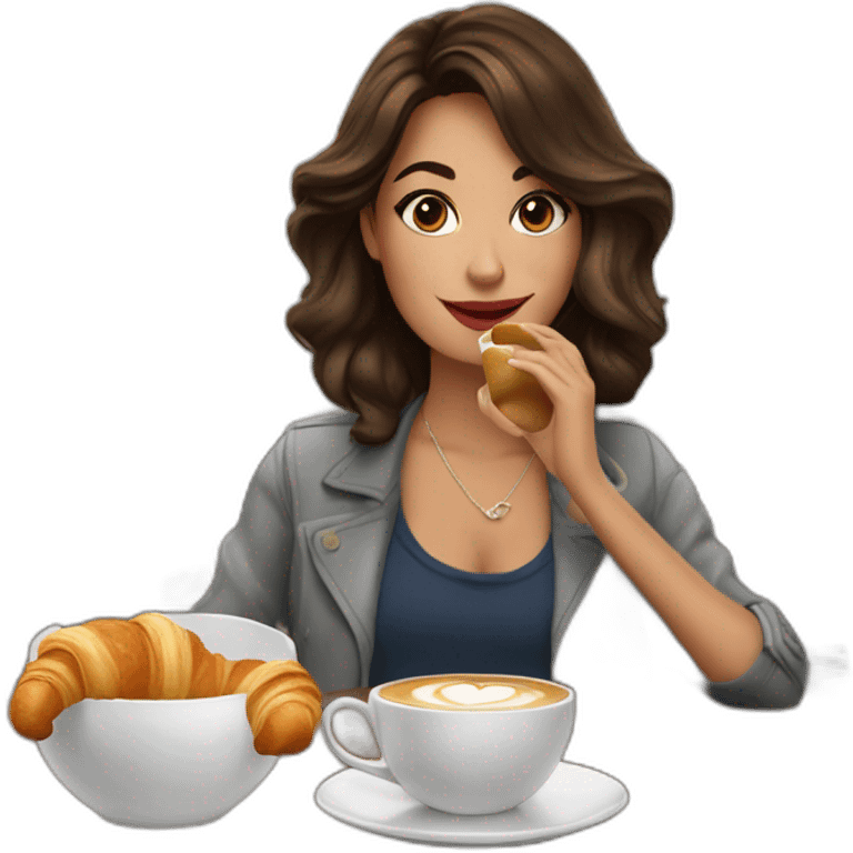 A brunette influencer drinking coffee and eating a croissant in a French bistro  emoji