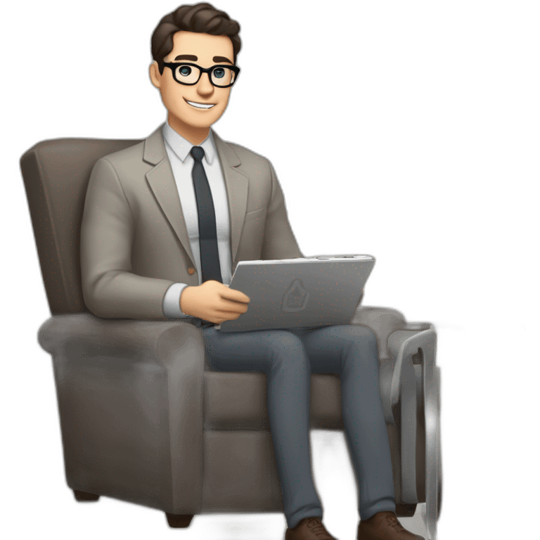 Pale skinned Fit Man With dark brown hair in gray jacket, beige office shirt and vintage glasses sitting In a soft chair with a notebook with emblem Ψ and a pen in his hands emoji