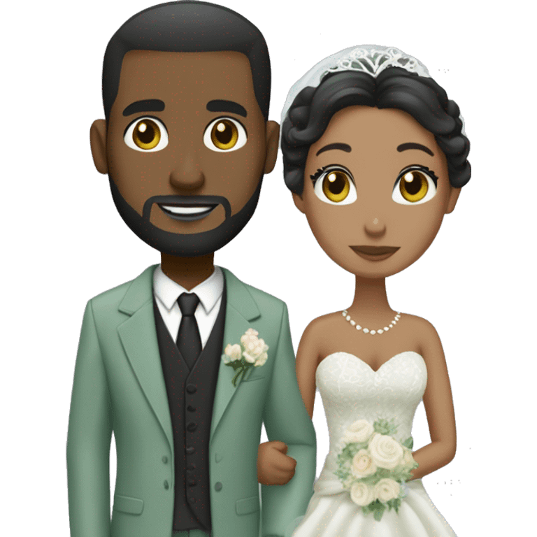 Black Wedding couple. Bride has black hair updo. She wears mermaid lace dress. She has dark brown eyes. Groom has sage green suit and sage green vest. He is bald head. He has full beard. He has dark brown eyes too. emoji