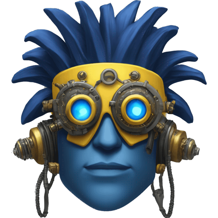 Navy blue Mohawk cyborg head with yellow steampunk goggles emoji