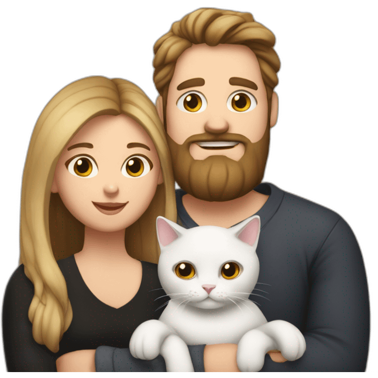 Family photo a fat husband with a beard is holding a white cat and wife with straight hair is holding another black cat emoji