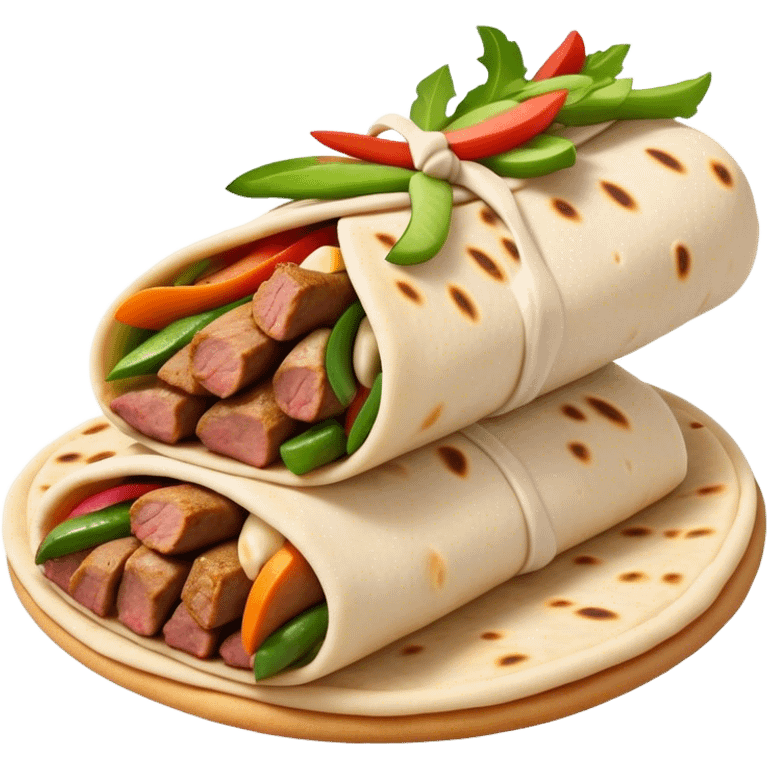 Cinematic Realistic Shawarma Dish Emoji, showcasing spiced, succulent meat wrapped in flatbread with fresh vegetables rendered with lifelike detail and dynamic, appetizing lighting. emoji