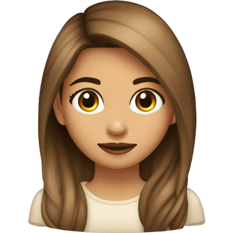 Chica con el pelo largo y castaño oscuro ojos marrones y top beige emoji