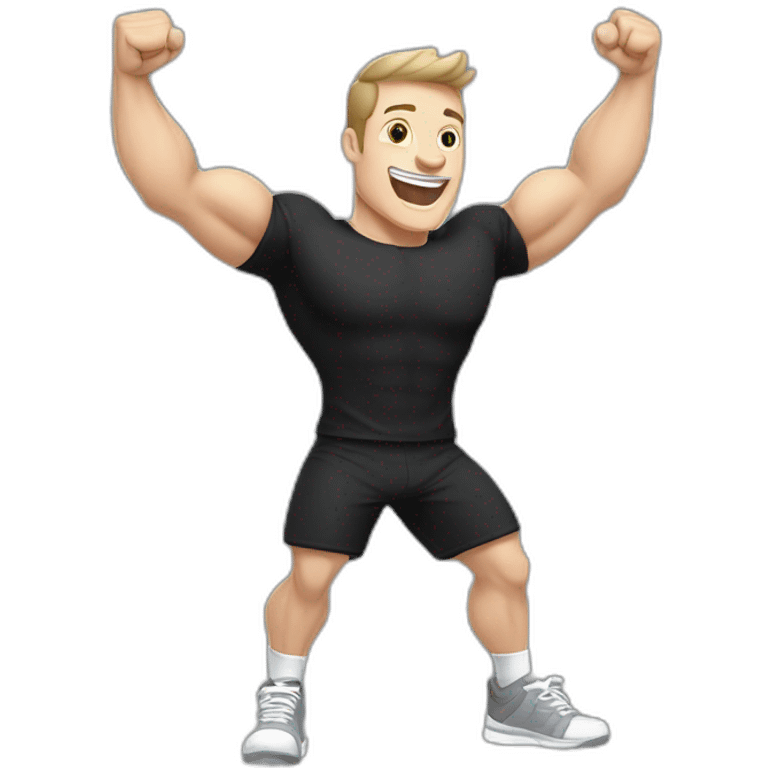 Joyful Celebrating victory Pale skinned Fit Man With the biceps and dark brown hair in black shirt, gray sports shorts and white Sneakers emoji