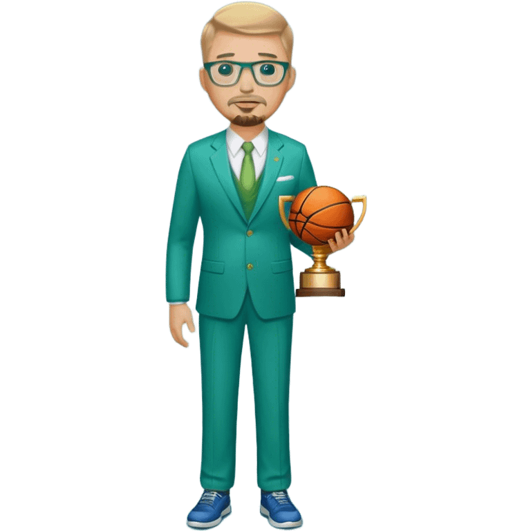 Full Body white male wearing glasses with a goatee with dirty blond very short hair basketball head Coach in blue and green suit holding trophy emoji