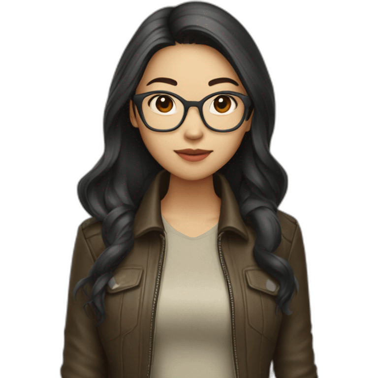 asian girl with glasses and a leather jacket with a  khaki shirt and long dark hair emoji