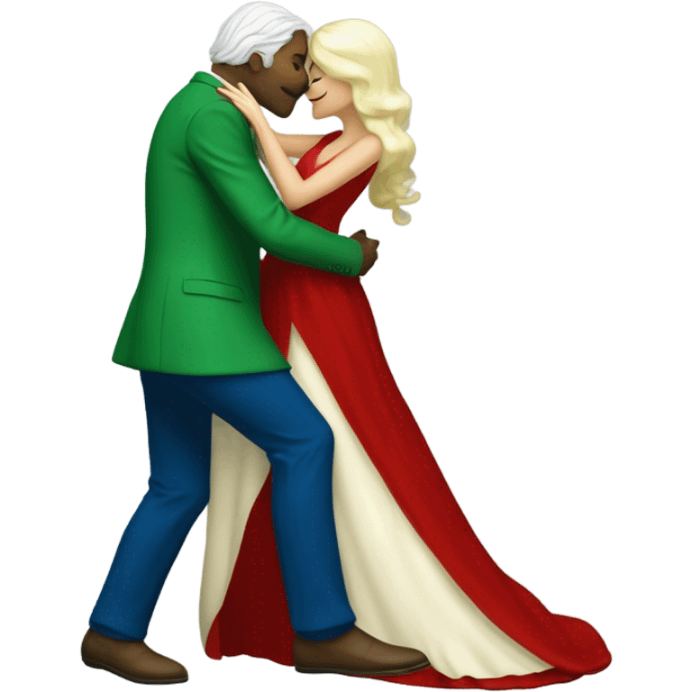 Beatiful tall green skin female reptilian in red dress, kissing white man in blue dress, full figure, full body emoji