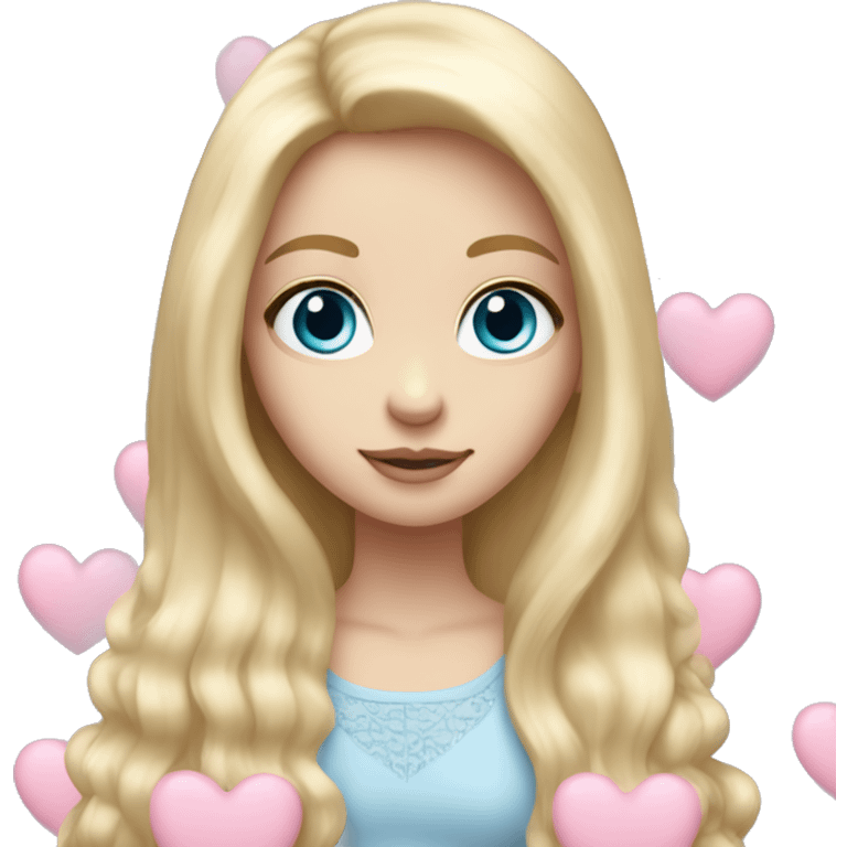 white girl blue eyes very long blond hair holding a pastel pink heart. Full shoulder view emoji