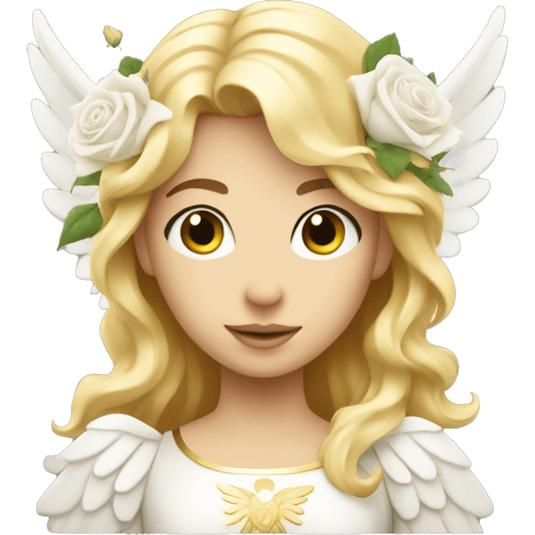 White angel with golden hair and a bouquet of white roses emoji