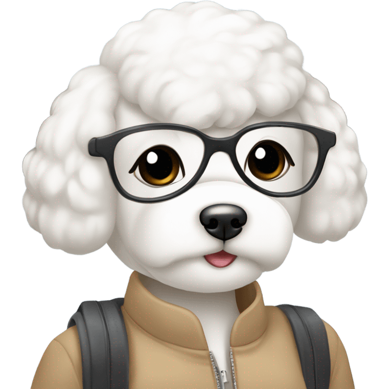 A cute korean style bichon frise with a dark-haired in a bun Asian woman at the airport  emoji