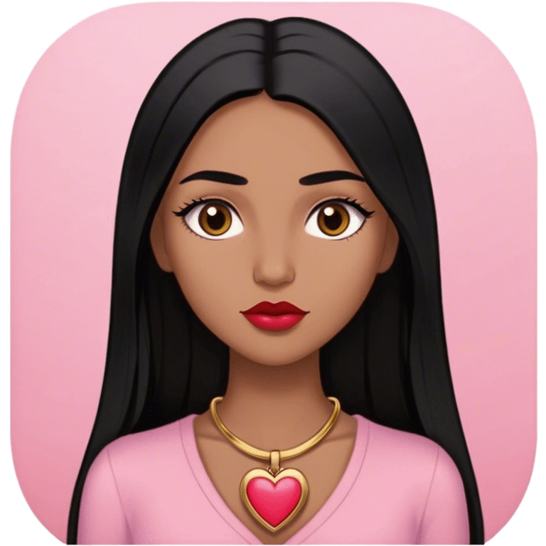 Woman,Medium brown skin,super long black straight hair, medium brown arched eyebrows, full lashes, red nude lips, small gold heart locket, pink shirt emoji