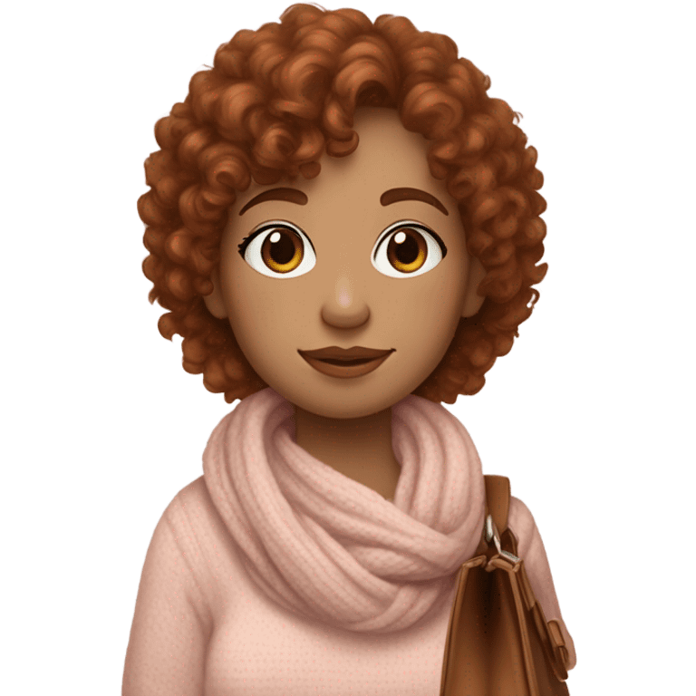 auburn haired girl with curly hair and bangs make her have light makeup and a small amount of freckles on both sides she is wearing a baby neutral pink jumper with a white scarf and a brown bag on her shoulder  emoji