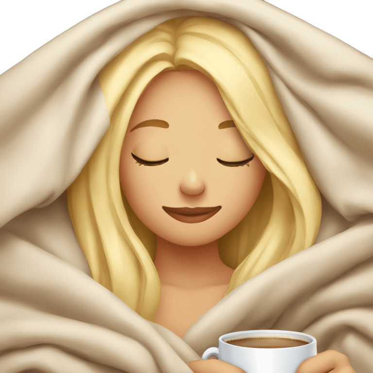 Blonde girl inside a blanket sipping coffee eyes closed emoji